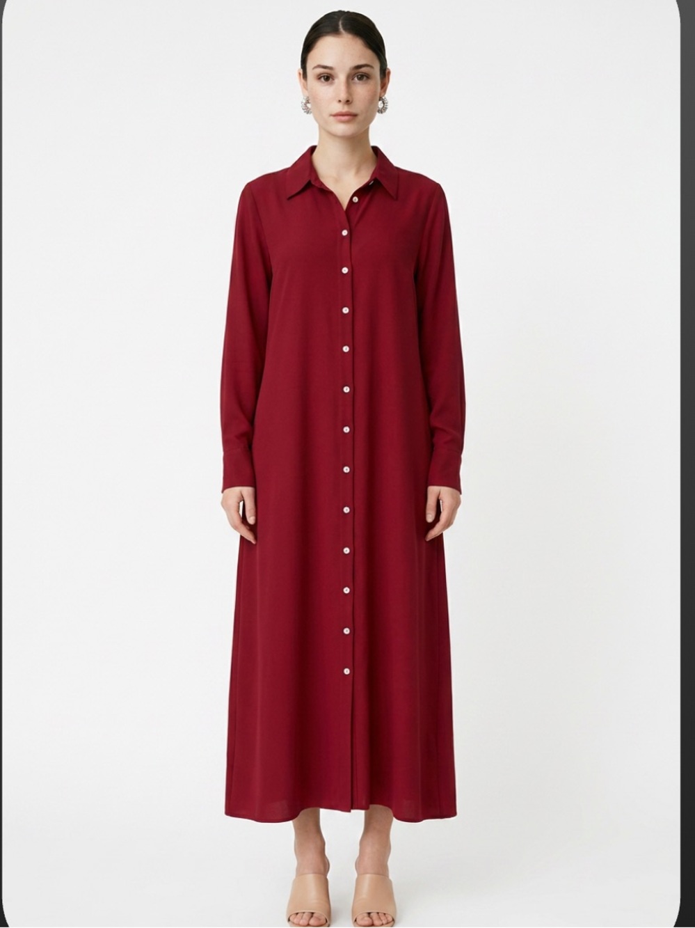 Eileen Fisher Long Button-Front Shirt Dress red organic cotton
